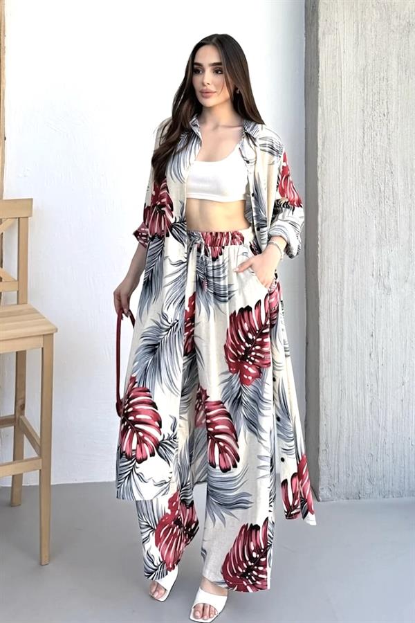 Bordo Desenli Cepli Beli Lastikli Gömlek Pantolon Kaftan Takım