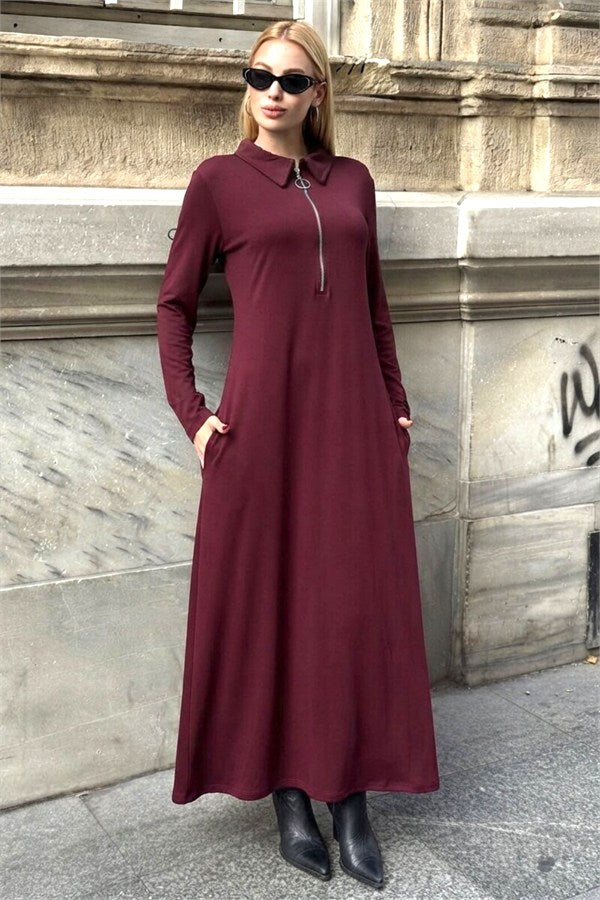 Bordo Yaka Farmuarlı Modal Uzun Elbise
