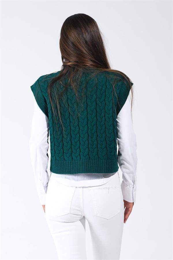 Haki V Yaka Crop Saç Örgü Triko Süveter