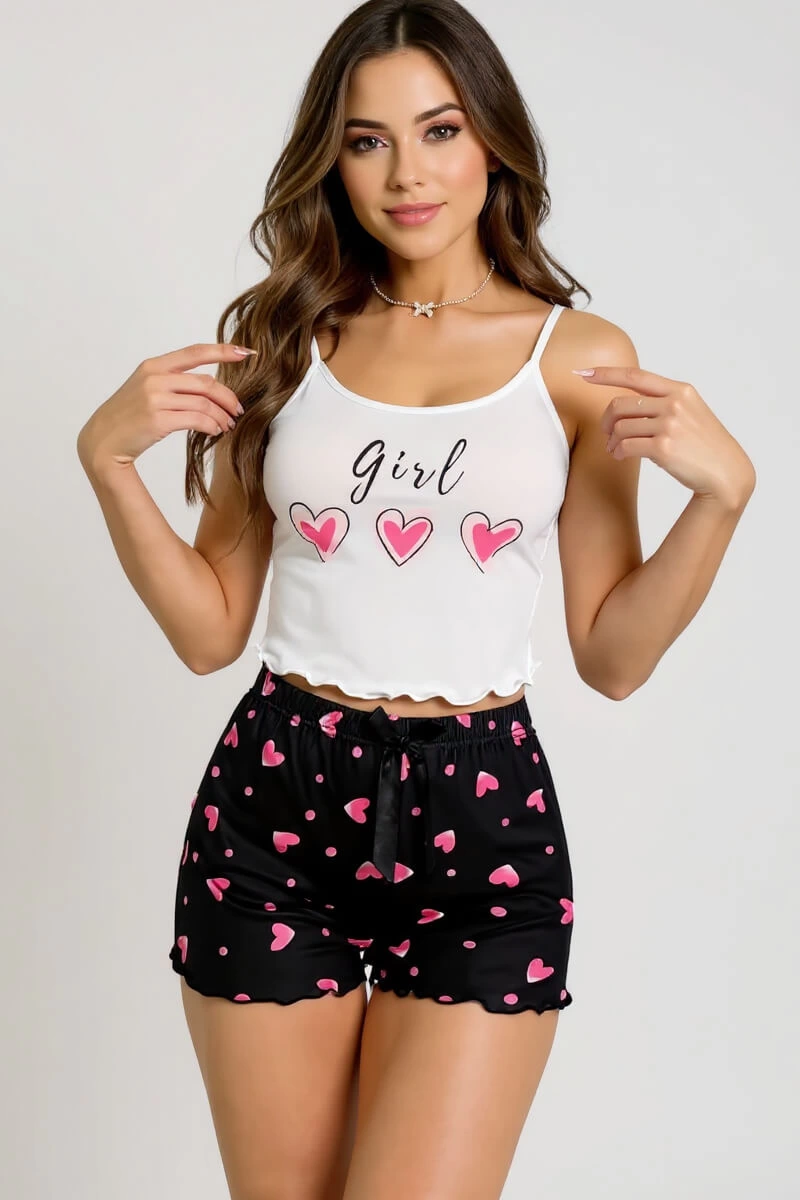 Kalp Desenli Askılı Şortlu Pijama Takımı