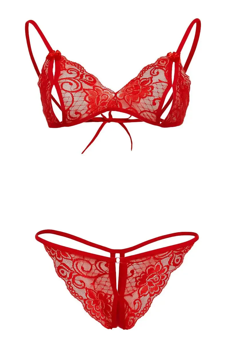 Kırmızı Dantelli Fantazi Sütyen ve G-String Takım TM2048