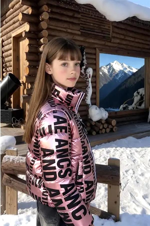 Kız Çocuk Pembe Parlak Yazılı Şişme Mont