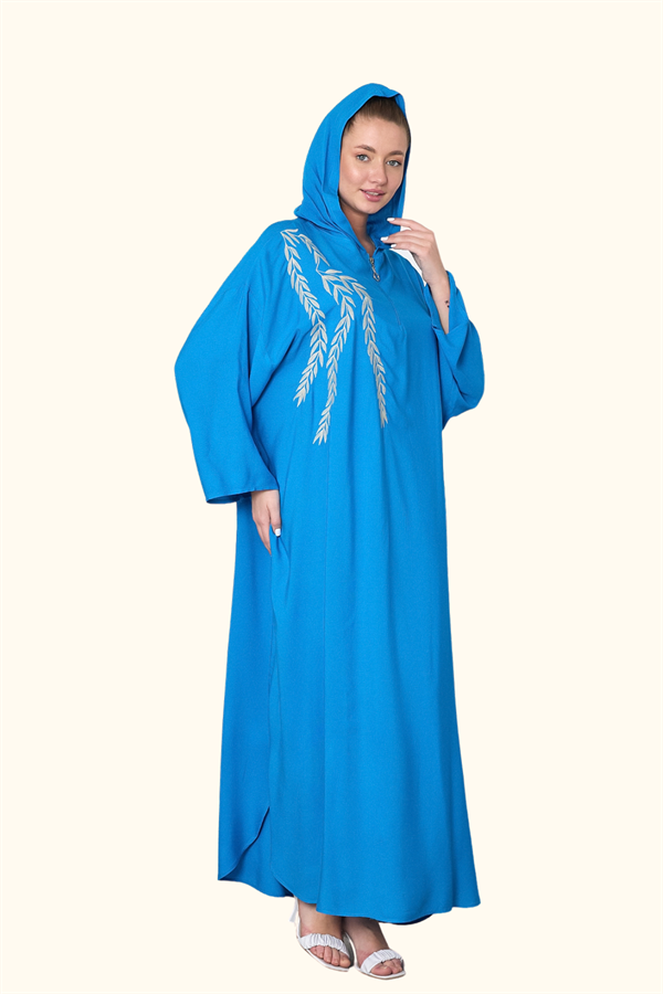 Mavi Kapüşonlu Nakışlı Cepli Oversize Uzun Elbise