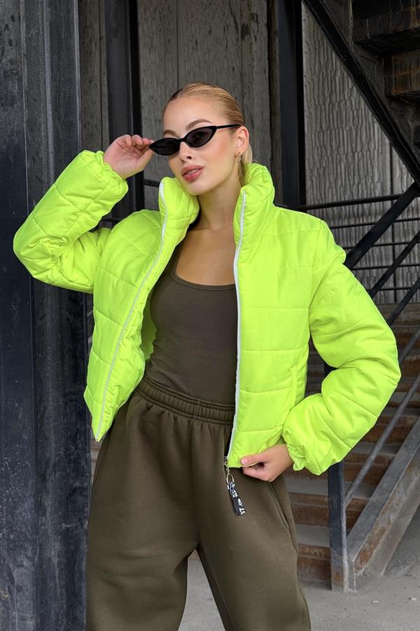 Neon Yeşil Sırtı Taş Baskılı Dik Yaka Kısa Şişme Mont