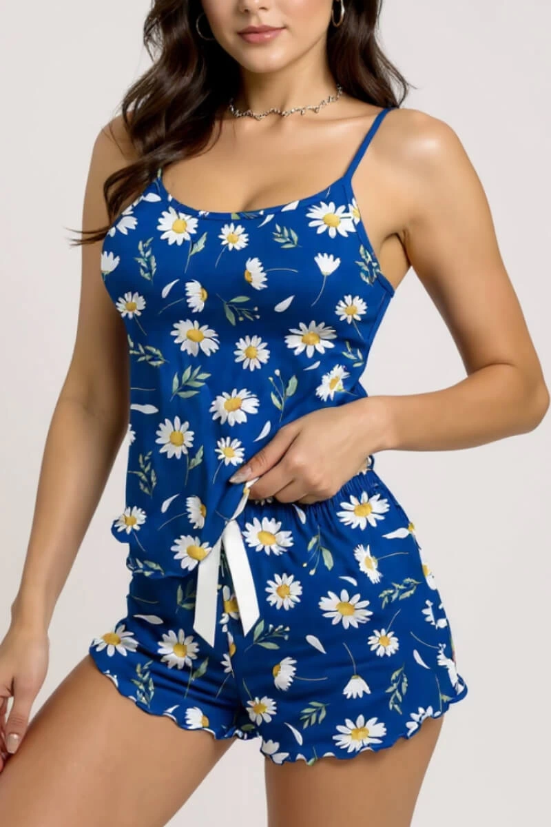 Papatya Desenli Mavi Askılı Şortlu Pijama Takımı