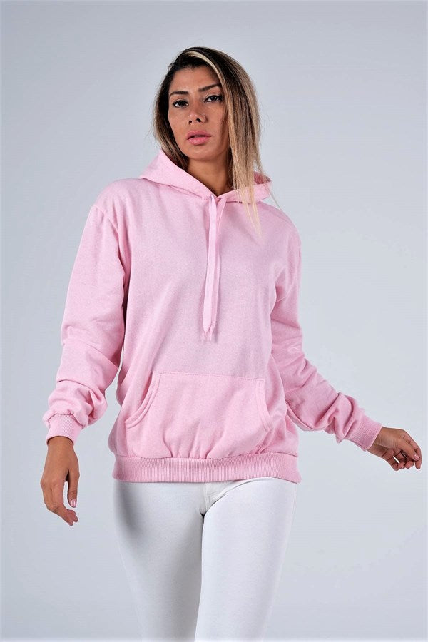 Pembe Kapüşonlu Kanguru Cepli Şardonlu Sweatshirt