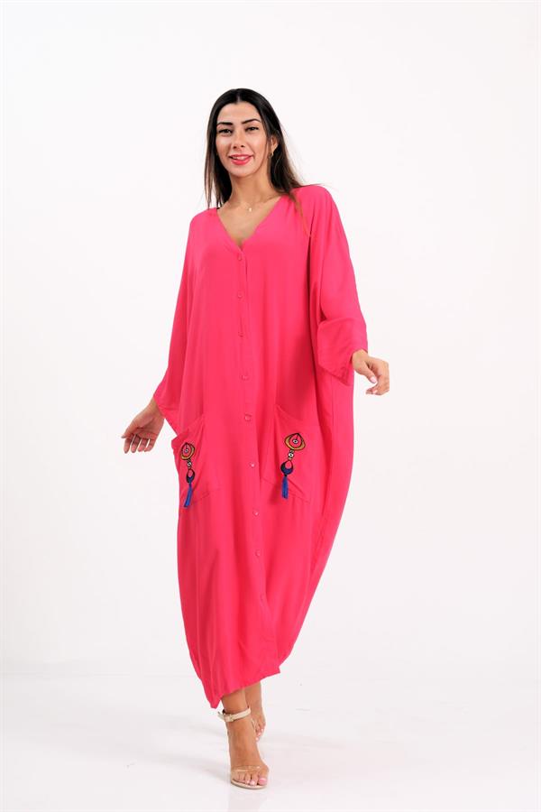 Pembe V Yaka Cepleri Ve Sırtı Otantik Nakışlı Püsküllü Oversize Uzun Gömlek Elbise