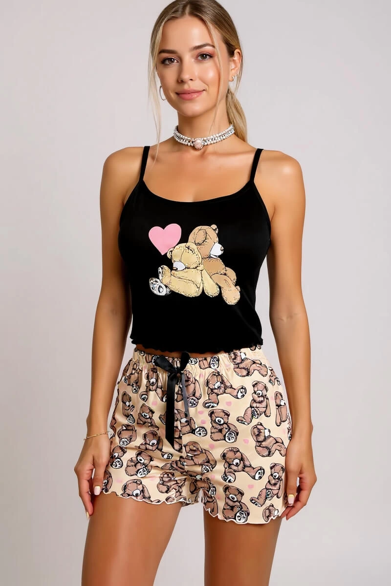 Renkli Ayıcık Desenli Askılı Şortlu Kadın Pijama Takımı