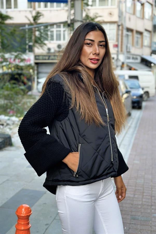 Siyah Dik Yaka Kolları Triko Cepleri Fermuarlı Şişme Mont
