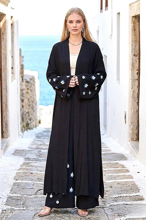 Siyah Mavi Boncuk Kimono Pantolon Takım