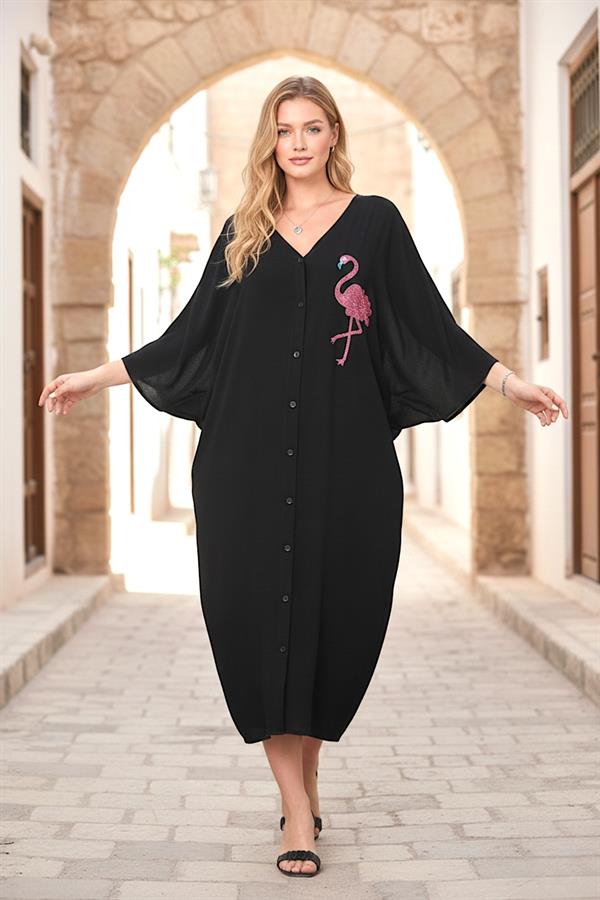 Siyah V Yaka Önü Ve Sırtı Flamingo Nakışlı Cepli Oversize Uzun Gömlek Elbise