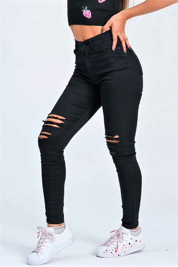 Siyah Yırtık Detaylı Skinny Jeans