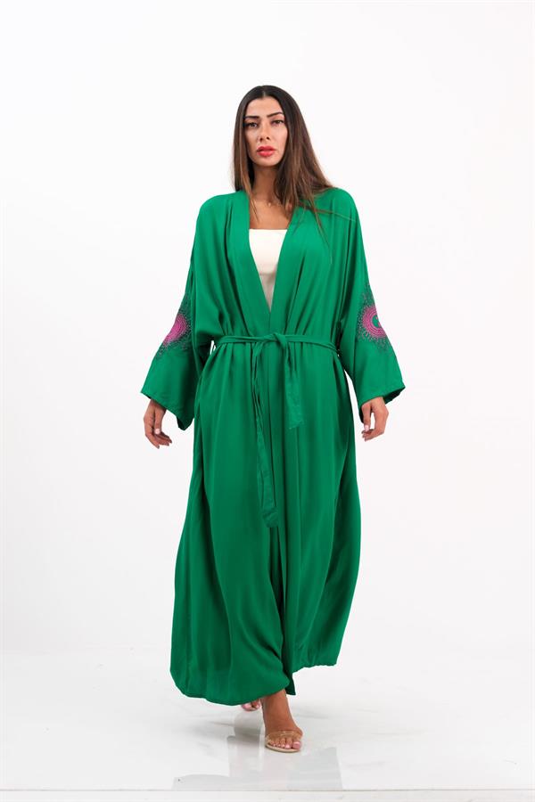 Yeşil Sırtı Ve Kolları Nakışlı Püsküllü Uzun Kimono